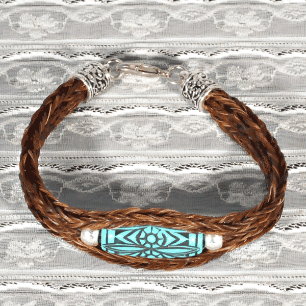 Brown Horse Hair Bracelet with One Inch Engraved Barrel-Shaped Turquoise Bead
